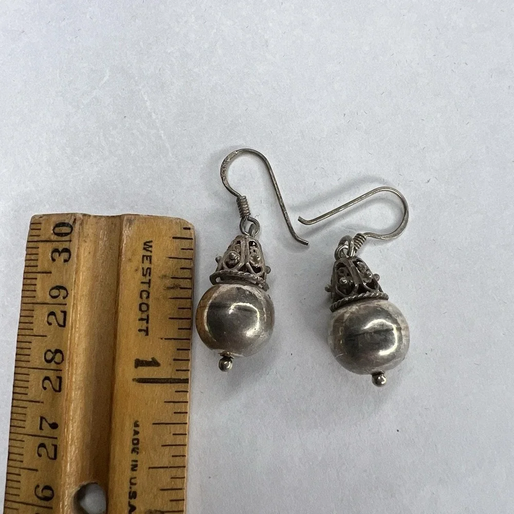 MC Vintage Sterling Silver‎ 925 Filigree Cone Bead Ball Dangle Earrings